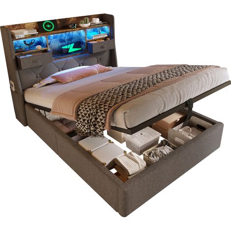 Lit rembourré 90x200 cm avec espace de rangement hydraulique et tête de lit LED, 4 ports de charge (USB/Type-C), lit simple avec sommier à lattes, tissu lin gris (sans matelas) (1/5)