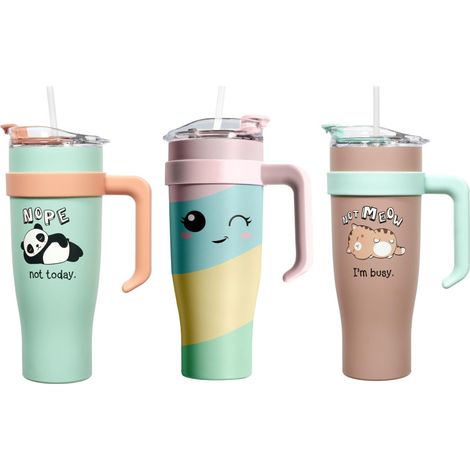 Lot de 3 mugs de Transport XXL Kawaii 1,2L - Boissons Chaudes ou Froides - Couvercle étanche multi ouvertures - Livraison gratuite
