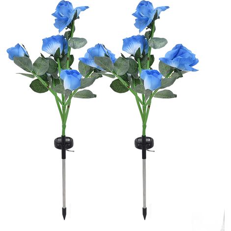 Lot de 2 guirlandes lumineuses solaires en forme de rose (6 LED), étanches, à énergie solaire, pour jardin, pelouse ou terrasse, bleues. (1/5)