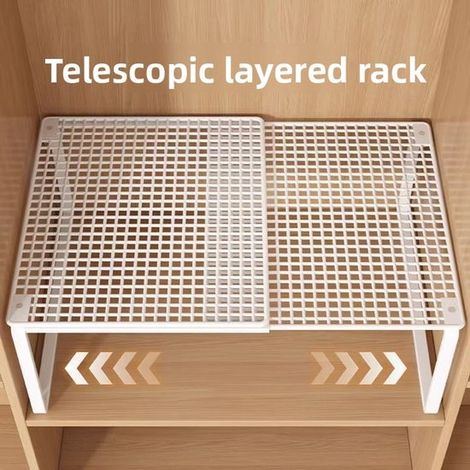 Organiseur évier blanc extensible 38-62 cm, étagère métal empilable 27x22 cm, pour placard, cuisine, salle de bain, bureau (1/4)