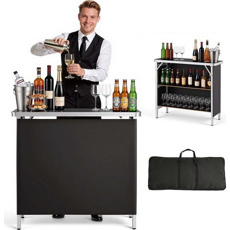 VEVOR Mesa de Bar Portátil 980 x 385 x 870 mm, Estación de Bar Plegable, con Falda Desmontable Estantes de Almacenamiento Bolsa de Transporte, Barra de Bar Exterior para Eventos Ferias Fiestas Jardín (1/5)