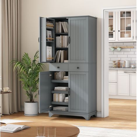 Credenza da cucina alta con ripiani e cassetti regolabili, mobile contenitore a 4 ante e 2 cassetti, 77x40x181 cm, MDF grigio (1/5)