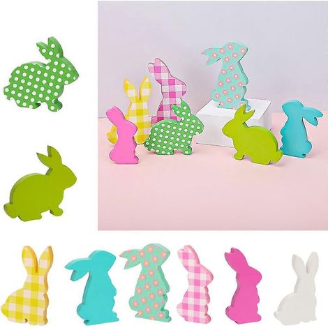 Lot de 6 décorations de Pâques en bois, lapin, fleurs colorées, pour la maison (1/4)