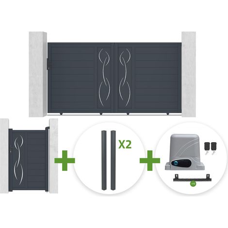 Portail coulissant 3m LIFE H.160cm gris + Portillon 1m LIFE H.160cm gris + 4 poteaux ELDA + motorisation Ranger C300 (1/5)