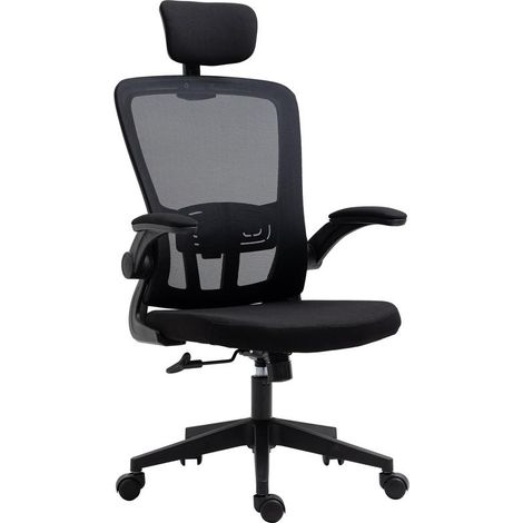 Chaise de bureau noire en maille avec accoudoirs rabattables et appui-tête, hauteur 114-122 cm, ergonomique