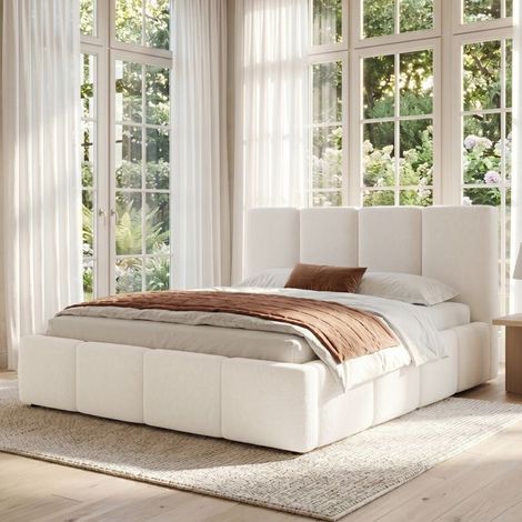 Lit capitonné, lit double, 160 x 200 cm, avec sommier à lattes et tête de lit capitonnée, bouclé, beige, sans matelas (1/5)