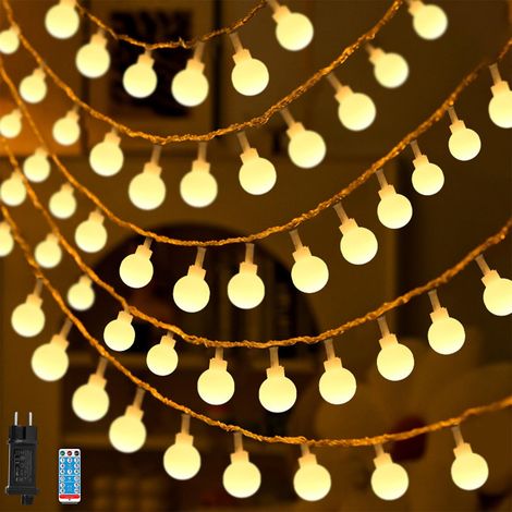 Guirlande lumineuse boule - 15 m - 100 LED - Blanc chaud - Avec prise pour l'intérieur et l'extérieur - 8 modes et fonction minuterie - Pour chambre (1/5)