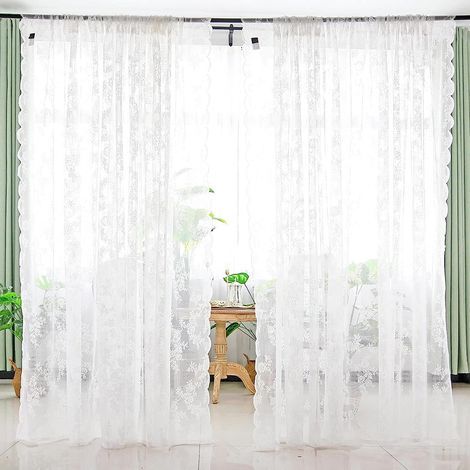 Rideaux en dentelle blanche brodée—Voilages semi-transparents à œillets (attaches incluses)—Pour salon et chambre—Lot de 2 panneaux (150 x 200 cm) (1/5)