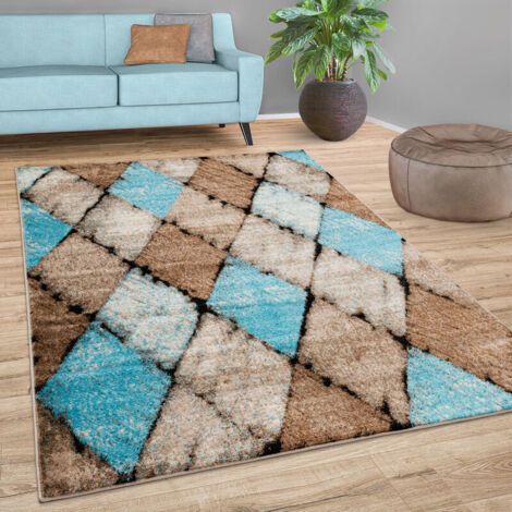 Tapis Salon Tapis Motif Diamant Poils Ras Moderne Beige Bleu Brun 160x220 cm
