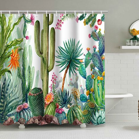150 x 180 cm Duschvorhang mit Kaktusmotiv, Wüsten- und Sukkulenten-Grünpflanzen-Design, wasserdichter Stoff mit 12 Haken