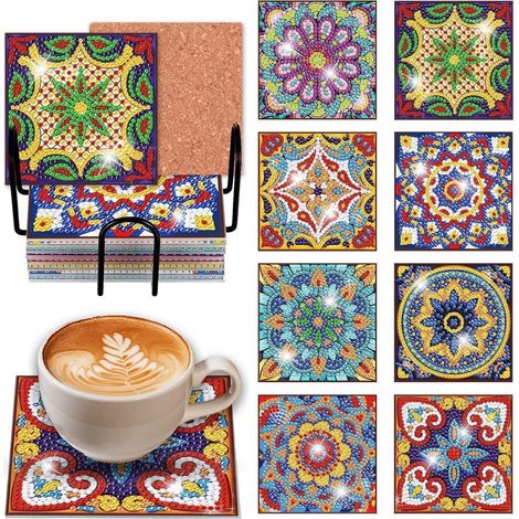 Diamond Painting Untersetzer Set 8 Stück Mandala DIY mit Halter, rutschfest