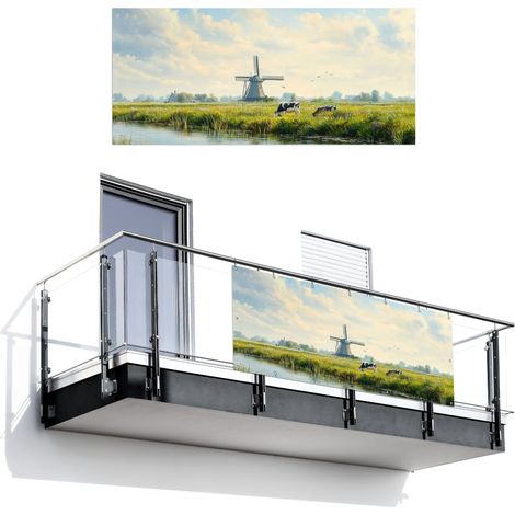 Balcony Privacy Banner Cows - Windmill - Meadow - Blue 200x90 cm (1/4)