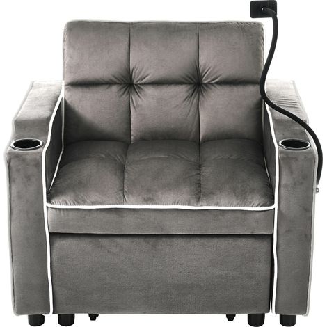 Fauteuil D'appoint 83x167x76 Cm En Velours Gris Foncé, 3-en-1 Avec Porte-gobelets Et Poche (1/5)