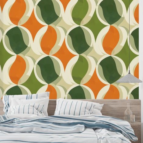 Papier Peint Géométrique - Motifs circulaires orange et verts - 150 x 250 cm (1/2)