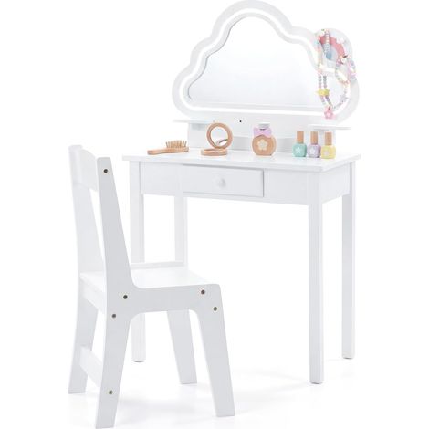 Coiffeuse Enfant en Forme Nauge avec Chaise & Miroir Éclairé LED, Bureau Enfant Étagère & Tiroirs & Crochets,Charge 50/75kg 3-6 (Blanc) (1/5)