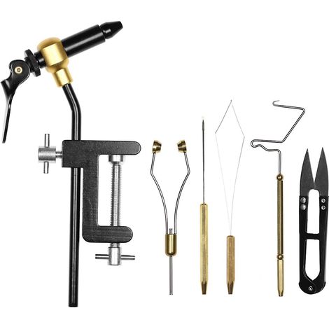 6-teiliges Fliegenbindewerkzeug-Set: Fliegenbindestock, Spulenhalter, Einfädler, Nadel, Whip Finisher, Schere