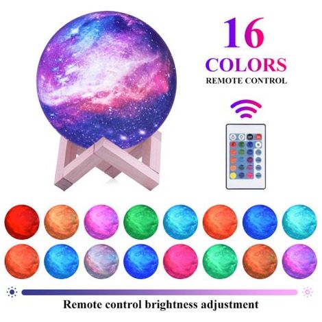 Veilleuse Lune 16 Couleurs, Lampe Galaxie, Lampe Lune imprimée en 3D avec support/télécommande/tactile/chargement USB/minuterie, Veilleuse Lune, 8 cm (8 cm) (1/3)