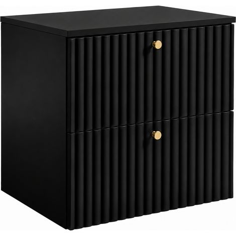 Meuble sous-vasque suspendu 60 cm, 2 tiroirs, avec plan de travail, fermeture douce, Noir / Plan noir, poignées dorées, 60 x 44,4 x 58,6 cm (1/5)