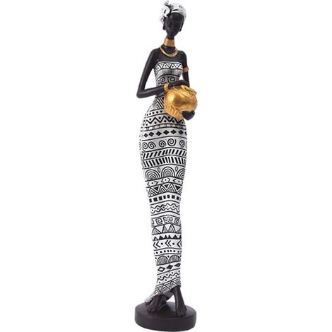 Statue Femme Africaine - Sculpture Résine - Décoration Intérieure Bureau Maison Hôtel - 8,5 x 8,5 x 41,5 cm - Blanc Noir (1/5)
