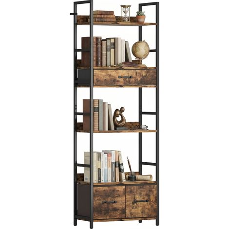 Étagère de rangement en bois rustique 6 niveaux avec 4 étagères et 3 tiroirs en tissu 60x30x176cm idéale pour bibliothèque (1/5)