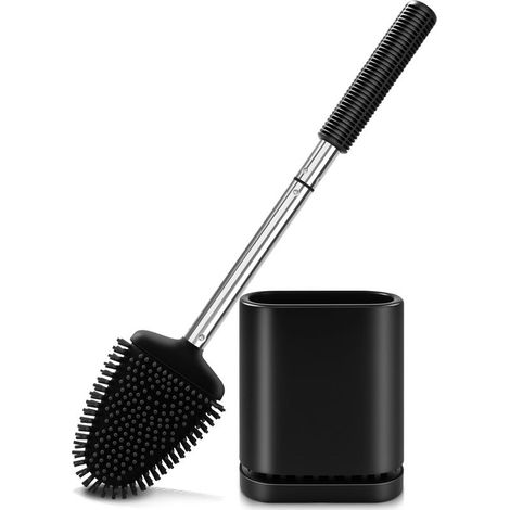 Brosse WC plate avec support, support en acier inoxydable et silicone avec support mural pour salle de bain et WC d'invités (noir) (1/4)