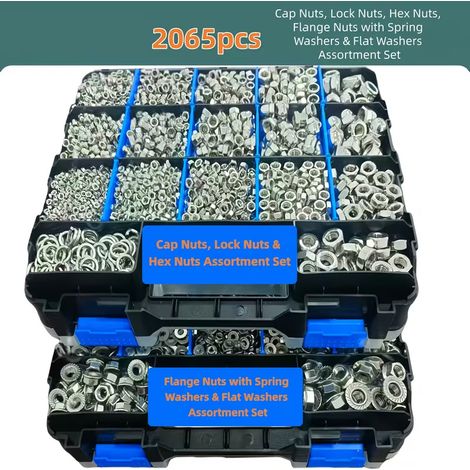 Coffret d’écrous inox 304 2065 pièces – Assortiment multi-formats d’écrous borgnes, écrous autofreinés, écrous hexagonaux et écrous à embase avec rondelles plates et rondelles élastiques Grower, kit d