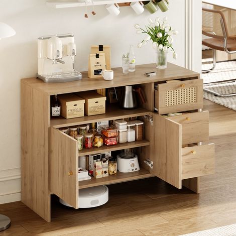 Sideboard avec rangement, commode 2 portes en rotin et 3 tiroirs – Poignées dorées – Buffet pour cuisine, salon ou entrée – Couleur bois – 105 × 40 × 76 cm