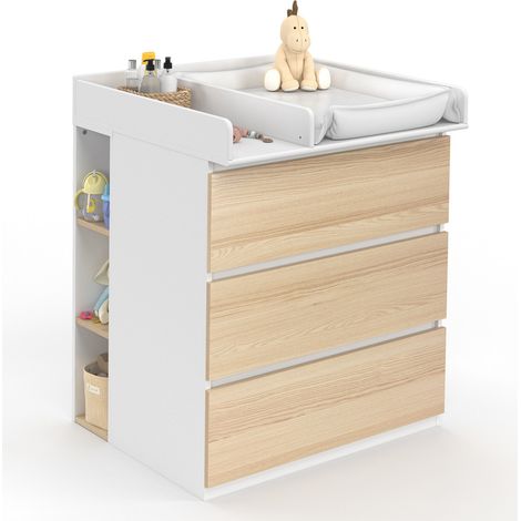 Wickelkommode AMBRE in Buchenholzoptik und weiß 3 Schubladen Wickeltisch und 2 abnehmbare Regale (1/5)