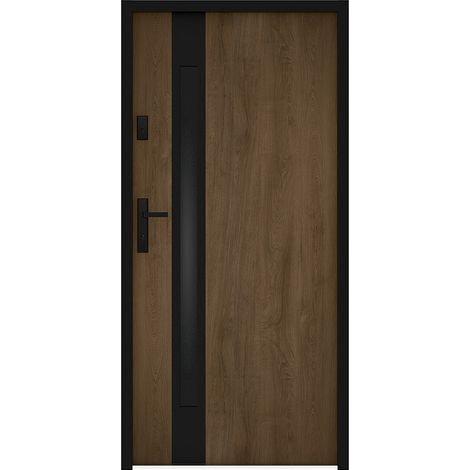 Porte d'entrée en acier pleine et inox H207 x L100 cm - verre fumé - effet noyer et noir - épaisseur 55 mm - poussant droit - BRAGA