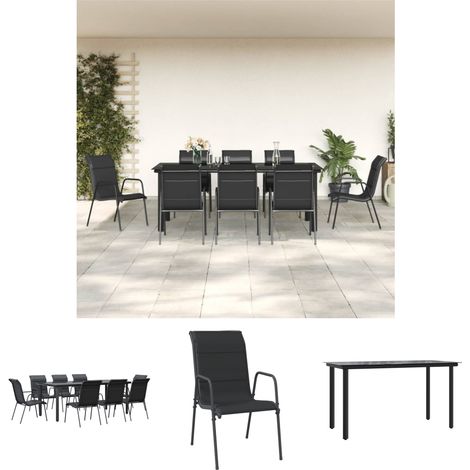 Terrassenstühle - vidaXL 9-tlg. Garten-Essgruppe Schwarz Stahl und Textilene - Gartenmöbel Schwarz (1/5)