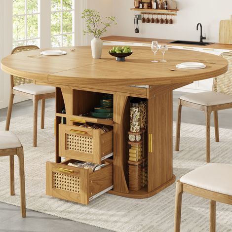Mesa extensible de MDF 118-158 cm, color madera natural, con espacio de almacenaje (1/5)