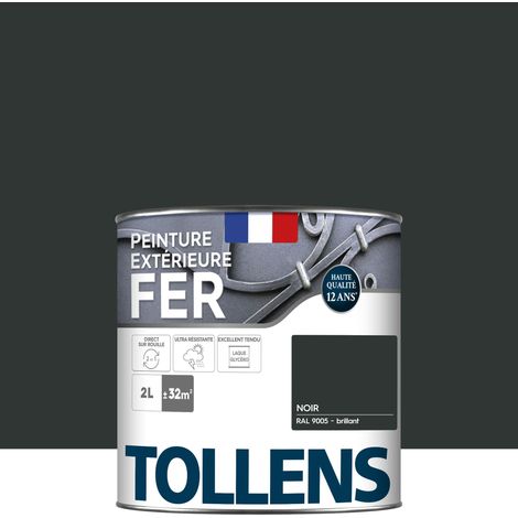 Peinture fer extérieure 2 en 1 - Ultra Résistante, séchage rapide et antirouille - TOLLENS - Brillant - Noir Brillant - 2L = 32m2