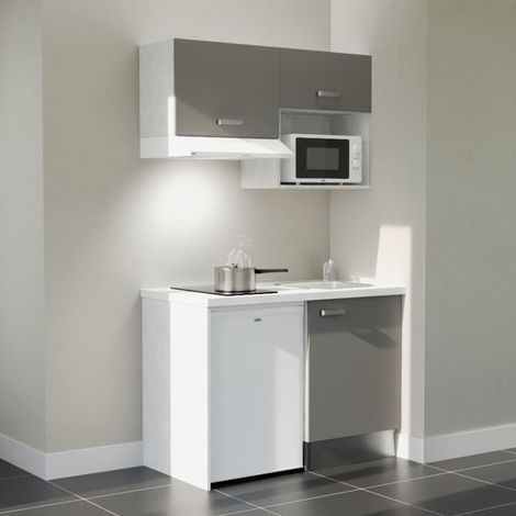 Kitchenette K02L-PT - 120 cm - plan stratifié, évier inox, - Façade Gris - Plan Blanc - Crédences Non + Electroménager inclus coloris Blanc