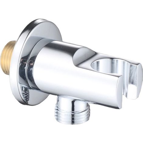 Raccordo a gomito per doccia da 1/2" in ottone cromato, a montaggio a parete, con supporto per doccetta integrato. (1/5)