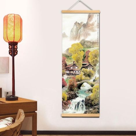 Peinture Chinoise avec Cadre en Bois, Peinture à Rouler Paysage Peinture Décoration Murale Rouleau d'art Toile Peinture Jet d'encre Mur Décoration Art Mural Rouleau Automne Style 20x60cm (1/4)