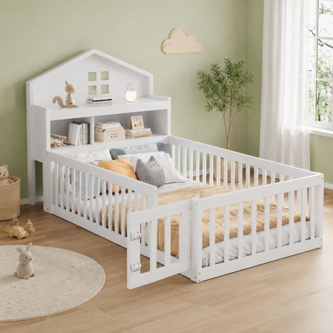 MODFU – Cama tipo cabaña infantil 90x200 cm con almacenamiento, pizarra, puerta, somier de láminas y estructura de madera – Blanco (1/5)