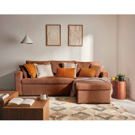Bestmobilier – Canapé d'angle réversible 4 places – convertible avec coffre – velours côtelé – dimensions 222x147cm – couchage 115x190cm – terracotta