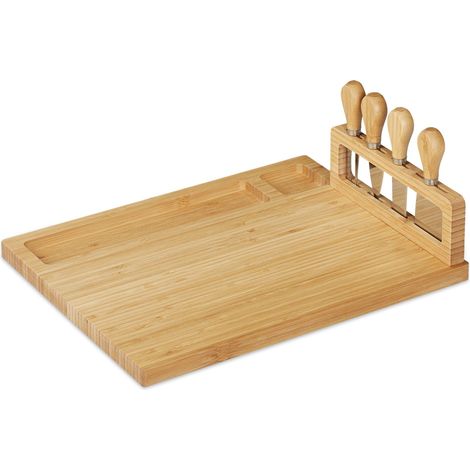 Planche à fromage grande présentation 40 x 30 x 2 cm avec couverts espace pour noix en bambou naturel (1/5)