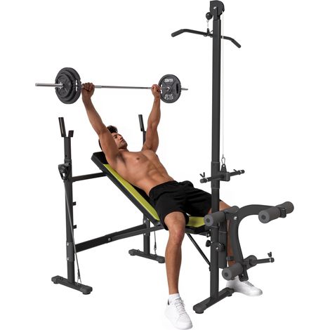 Banc de musculation complet avec dossier réglable, cordes de traction, support pour curl biceps, barre et haltères, noir et jaune (1/5)