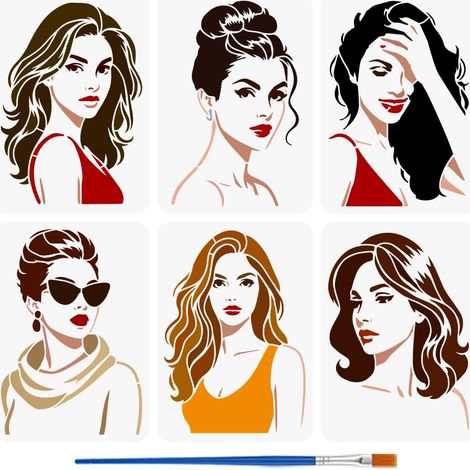 6PCS Pochoirs de Femme à la Mode avec Pinceau 21x29.7cm Pochoirs pour Peindre les Cheveux Pochoir de Peinture Murale Réutilisable Pochoir de Personnage pour Mur Tissu Décor Intérieur (1/5)