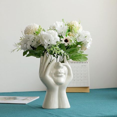 MIMOSON-White Ceramic Flower Vase Modern Design Human Face Flower Vase Decoration for Home Office Wedding Party 18cm (1/5)