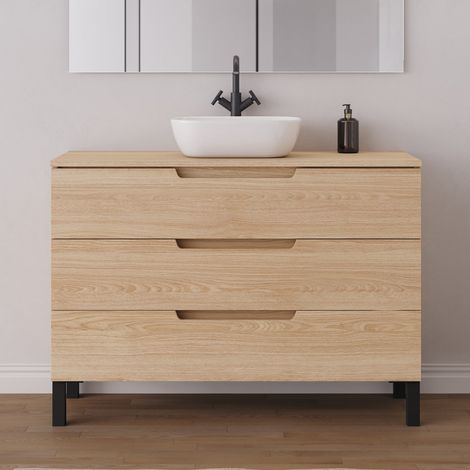 Meuble de salle de bain 120cm avec plateau et vasque à poser arrondie - 3 tiroirs - sans miroir - roble era (chêne clair) - RIZA (1/5)