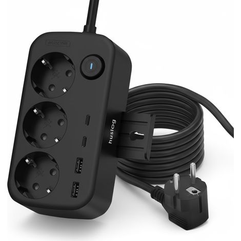 Multiprise avec 3 Prises Schuko et 4 Ports USB (2 USB-A, 2 USB-C) – Multiprise avec Support pour téléphone Portable, Fixation Murale et Interrupteur Marche/arrêt, câble de 1,4 m, 3680 W, Noir (1/5)