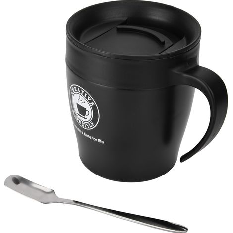 Fdit Isolierter Edelstahl-Kaffeebecher mit Löffel und Deckel, tragbarer Reise- und Bürobecher, Vakuum-Thermoisolierung, ideal für Zuhause (SCHWARZ)