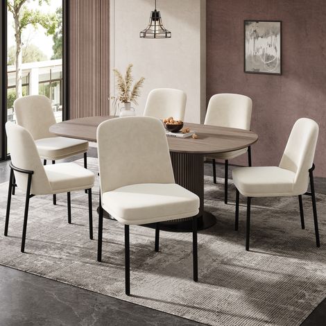 Set di 6 sedie da pranzo, seduta in velluto beige spesso, struttura in metallo cromato nero (1/5)