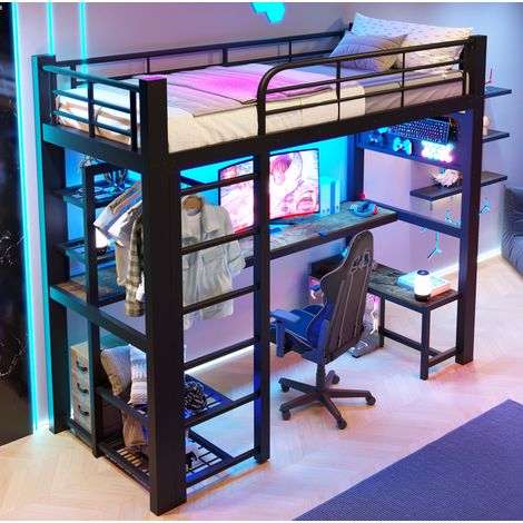 Lit enfant mezzanine 90x200 cm avec bureau, rangements, barre de penderie et LED, métal noir HAVRYA (1/5)