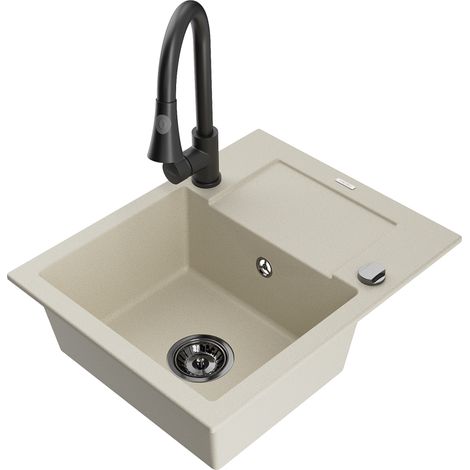 Mexen Enzo 1 Becken-Granitspüle mit Abtropffläche und Mischbatterie Elia, Beige - 6506-69-670101-70 (1/5)