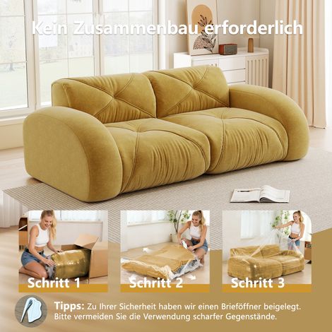 Canapé 2 places modulaire sans cadre, mousse haute densité 32D, tissu velours confortable, design antidérapant, prêt à l’emploi, jaune salon. (1/5)
