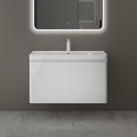 Mai & Mai Meuble de Salle de Bain Suspendu 90x48x50cm avec Tiroir et Lavabo Meuble Sous Lavabo Blanc Ancona (1/5)