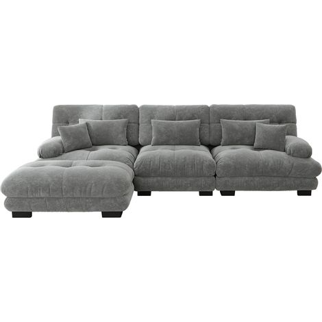 Sofá esquinero modular L con otomana de chenilla gris 313 x 145 x 81 cm (1/5)